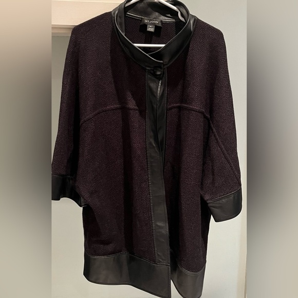 St. John Knit Leather Trimmed Sweater Jacket - Picture 3 of 7